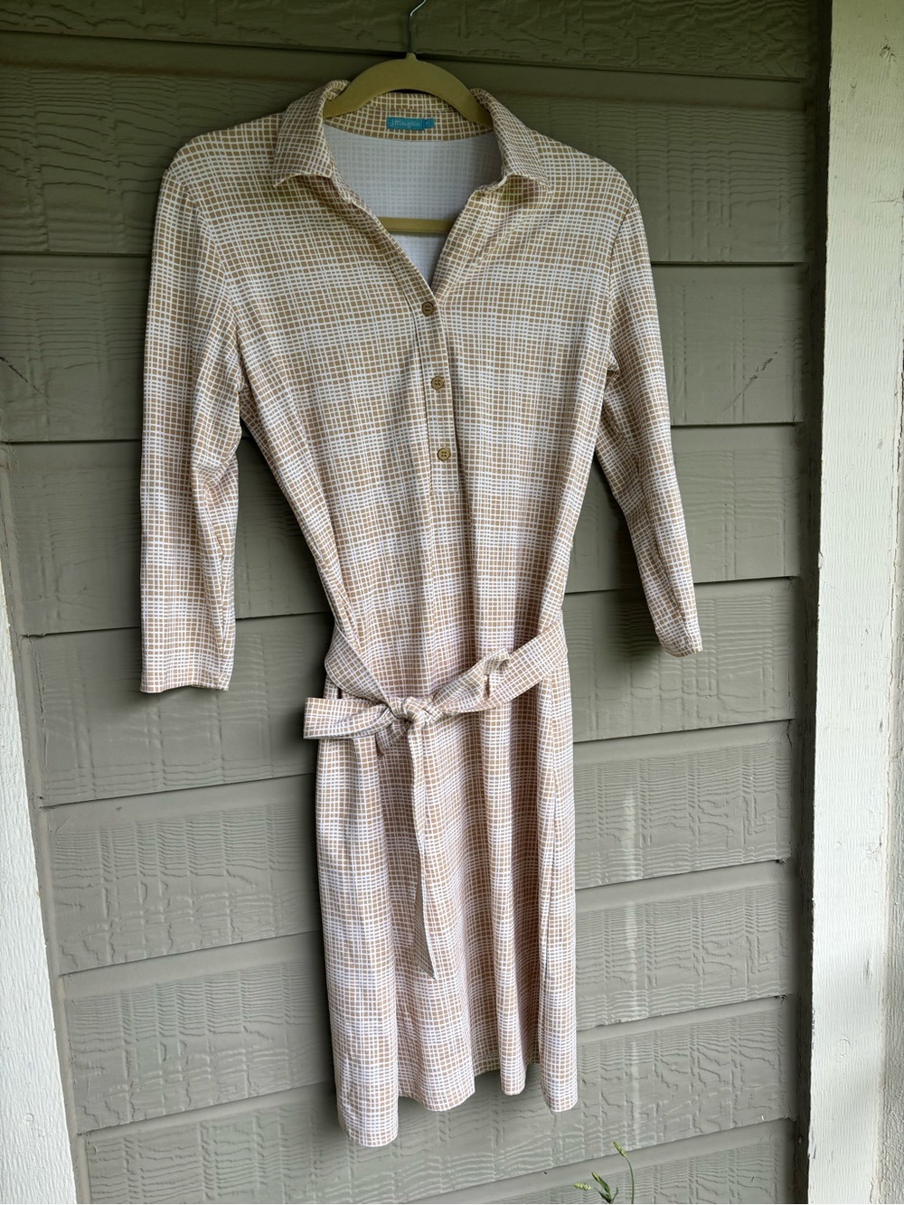 J. McLaughlin Cream and Tan Plaid Midi Shirt Dress
